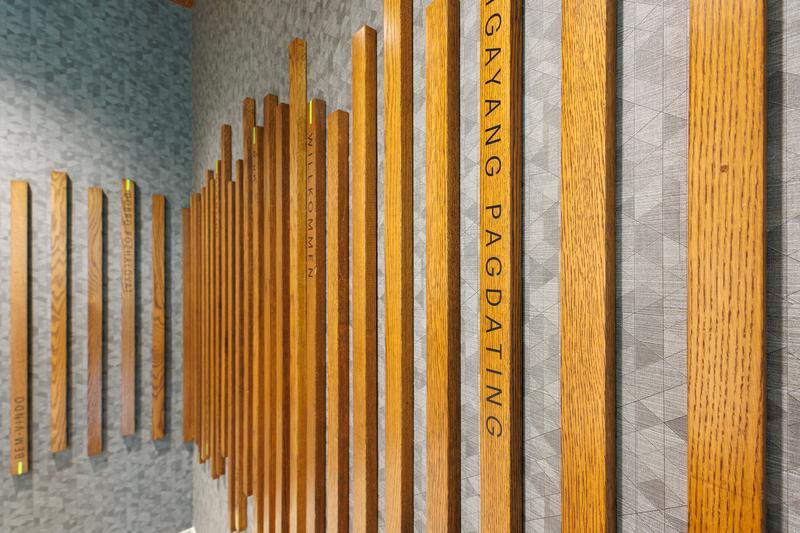 The welcome panels in different languages inside The Learning Commons entrance