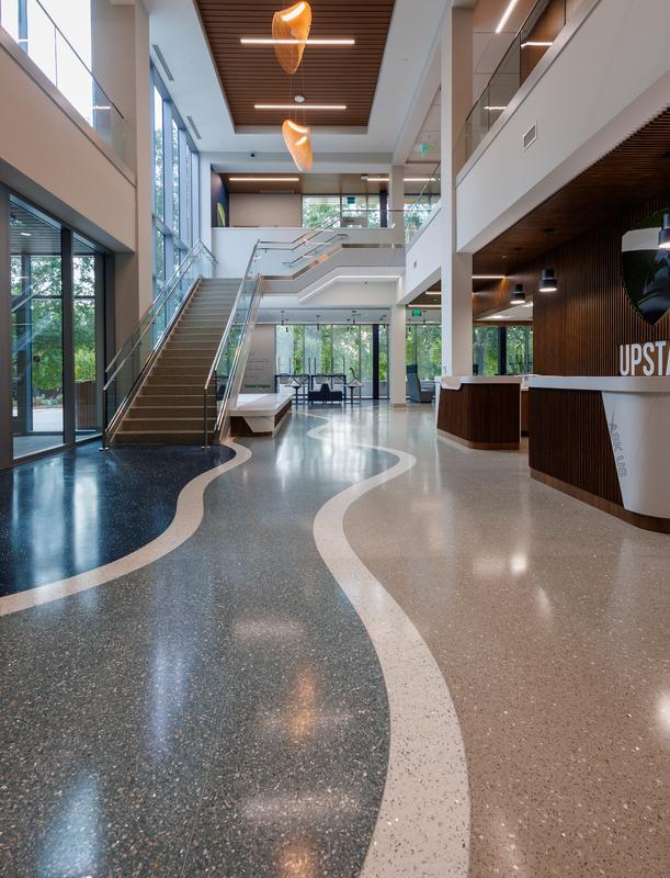 The reception area and stairway inside The Learning Commons