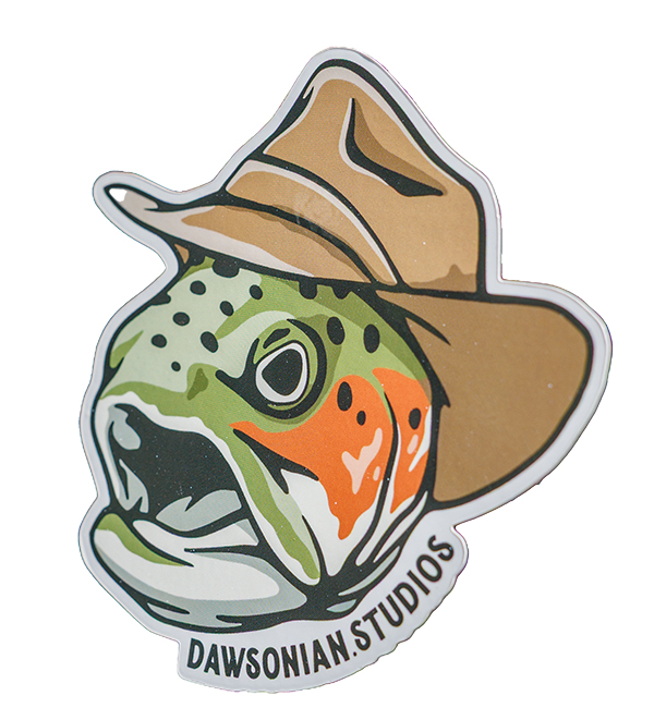 312A0025.CR3 A graphic for a sticker of a fish in a hat with Dawsonian Studios underneath