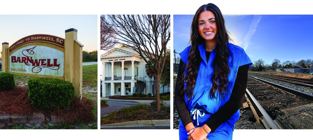312A6008.CR3 Taylor Williams posed against a backdrop of photos from her hometown of Barnwell, South Carolina